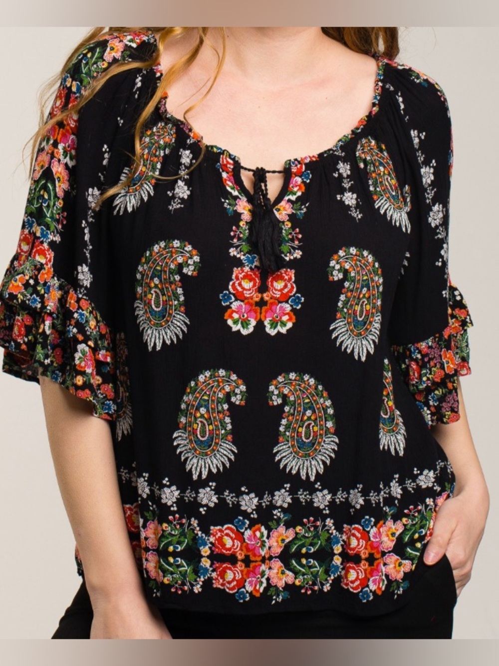 Bila Boho Black Peasant Top Floral Paisley Double Sleeve Ruffle Women’s Size XXL